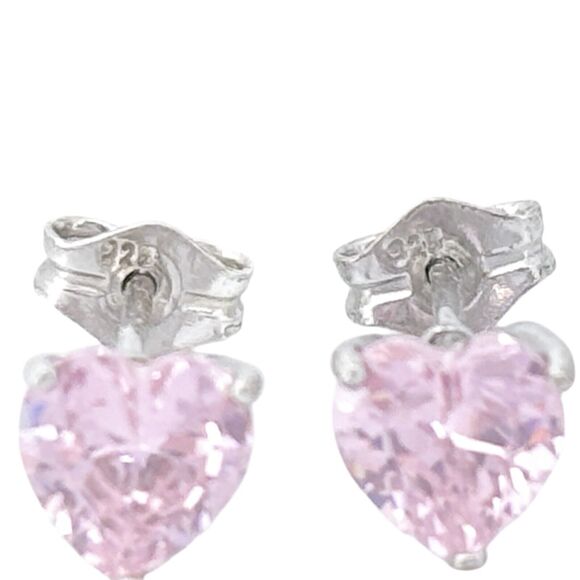 Vintage Sterling Silver 925 6.5mm Pink Heart Cubic Zirconia Stud Earrings - Picture 3 of 6